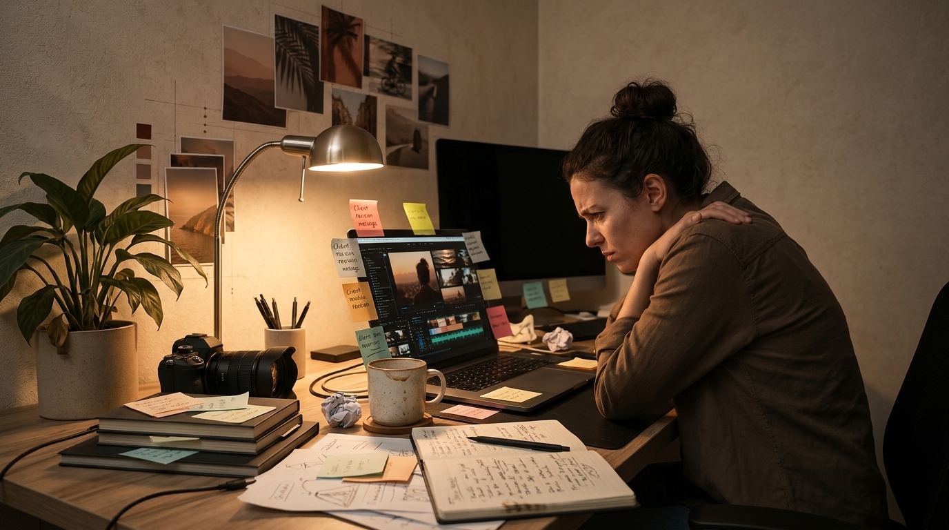 An editor at a cluttered desk facing too many client requests